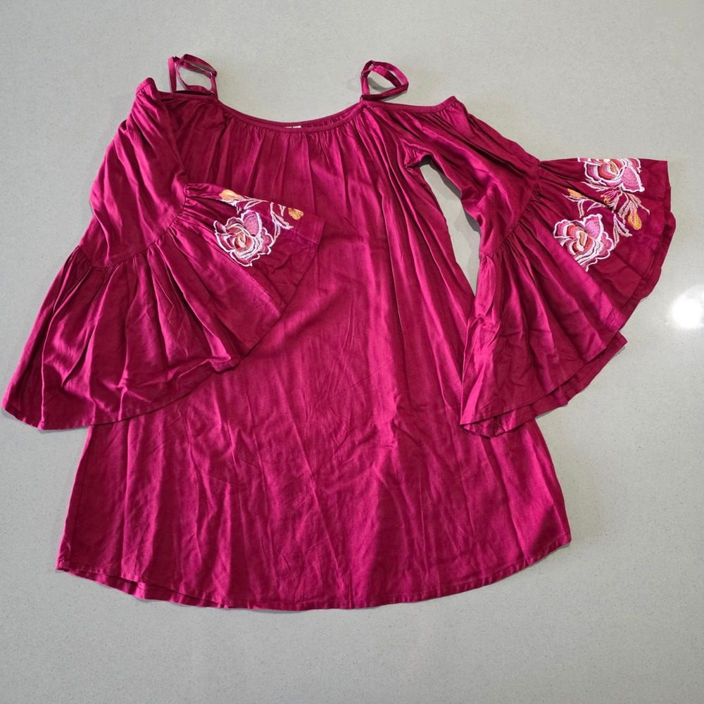 Magenta Embroidered Bell Sleeve Cold Shoulder Tunic Top Boho Small